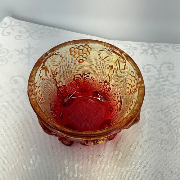 Vintage Amberina Glass Grape Leaf Footed Bowl Glows Orange - Picture 2 of 10